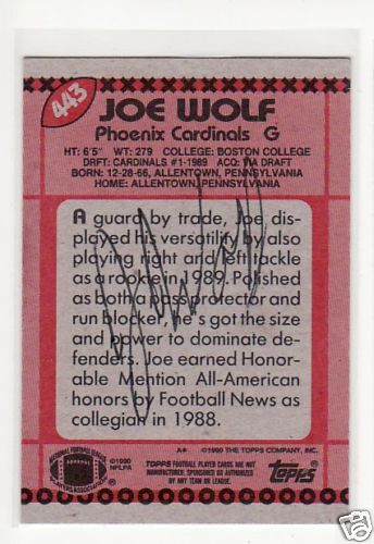 JOE WOLF SIGNED PHOENIX CARDINALS 1990 TOPPS #443  