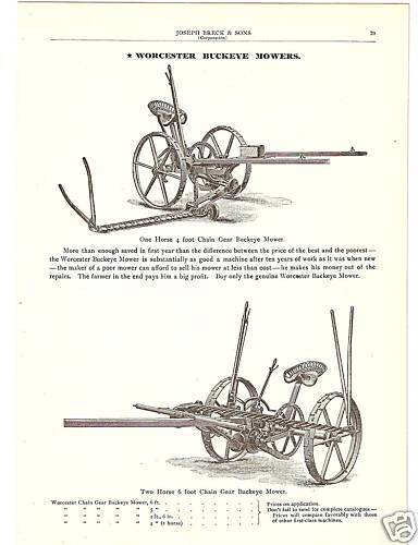 WORCESTER BUCKEYE MOWER HORSE 1900 ANTIQUE CATALOG AD  