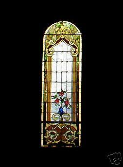 Antique Romanesque Arch Top Floral Stained Glass Window  