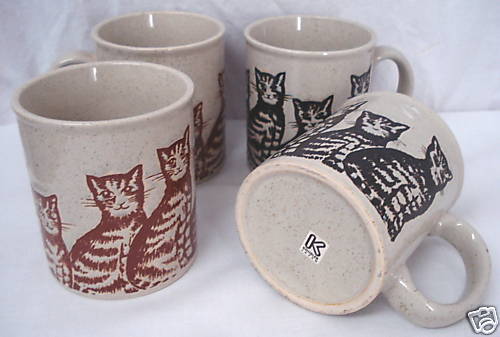 pc Set Vintage Knobler Japan Tabby Cat Mugs Brn Black  