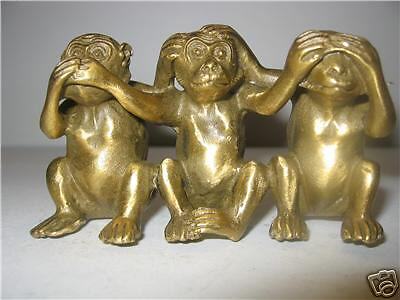Solid Bronze See Speak Hear No Evil 3 Monkey Statues  