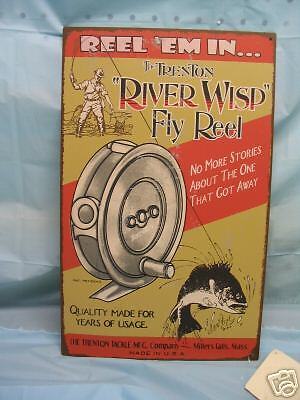 river wisp fly reel fishing metal advertising sign rod  