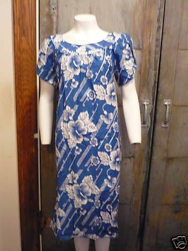 Vintage 1960s 1970s Flower Print Blue Dress L  
