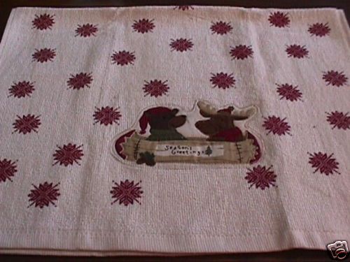 Christmas Heartland Moose Bear Applique Kitchen Towel  