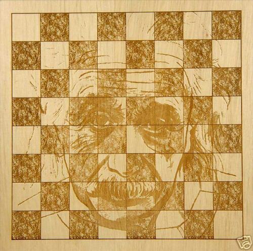 Carved Wood Chess Board, Einstein image background  