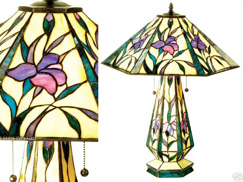 Pink Purple IRIS Tiffany Style Stained Glass Table Lamp  