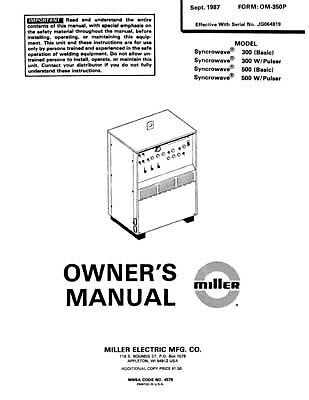 Miller Syncrowave Welder Owners Manual & Parts List  